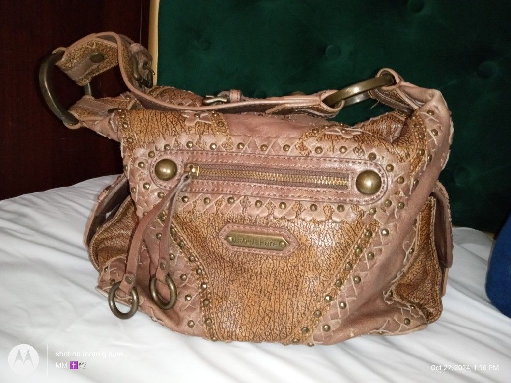  ISABELLA FIORE EMBROIDERED LEATHER STUDDED HOBO SHOULDER BAG