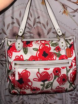 Coach vintage red poppy Hallie floral print white & red tote bag Y2K #22442