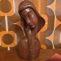 Vintage Mid Century Wood Sculpture Bust Female Head Decor
