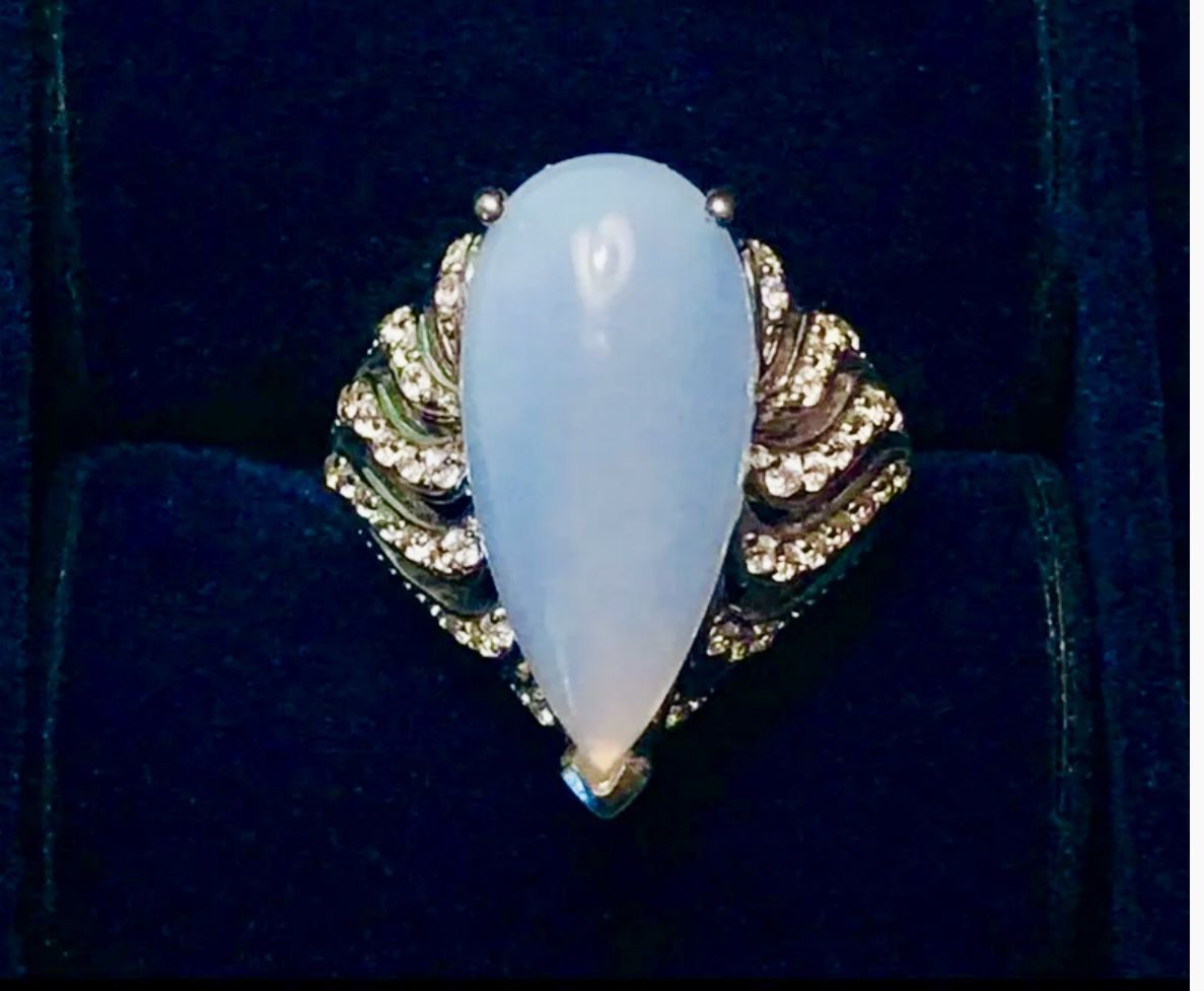 Blue Chalcedony Teardrop & Diamond Aura Sterling Silver Ring