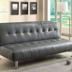 Brand New Gray   Chrome Leatherette Futon Sofa Converts Into Bed 
