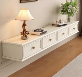 86.6”Living Room Floating Tv Cabinet Wall Mounted Tv Unit with Drawers , Warm White