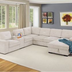 Modular Sectional Sofa with Storage, 119" Sofas & Couches with Pull Out Bed, L Shaped Sectional Sleeper Sofa with Chaise & Console 7 Seater Couches fo