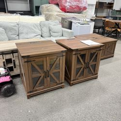 Farmhouse End Table with Charging Station,Large Side Table with Barn Door, Rustic Wood Square Nightstand Bedside Table with Adjustable Storage Shelf f