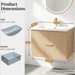 24-inch floating bathroom sink with basin, wall-mounted, oak texture, natural wood color