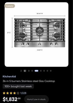 KitchenAid 36-in 5-Burner Stainless Steel Gas Cooktop