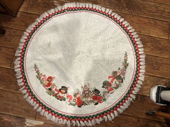 Vintage Felt Christmas Tree Skirt Green + Red Fringed Gingerbread House Children