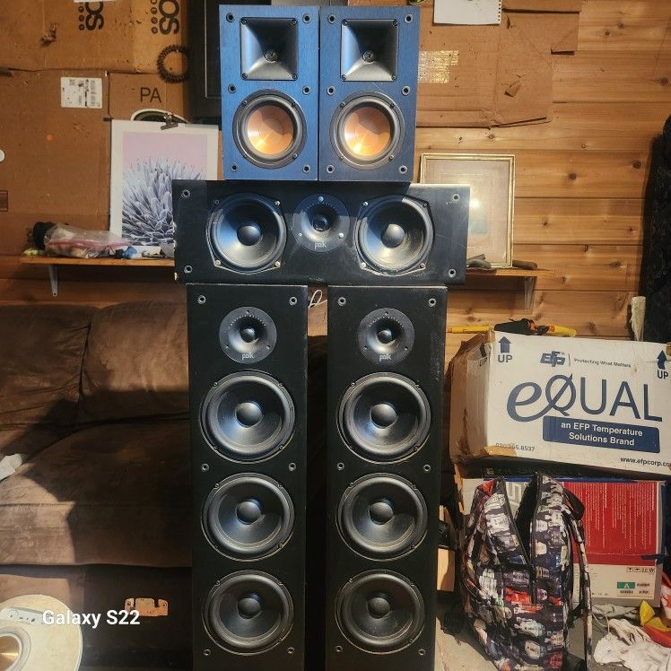 2 Polk T50 Floor Standing , 1 Polk T30 Center  and 2 Klipsch R-14m Speakers 