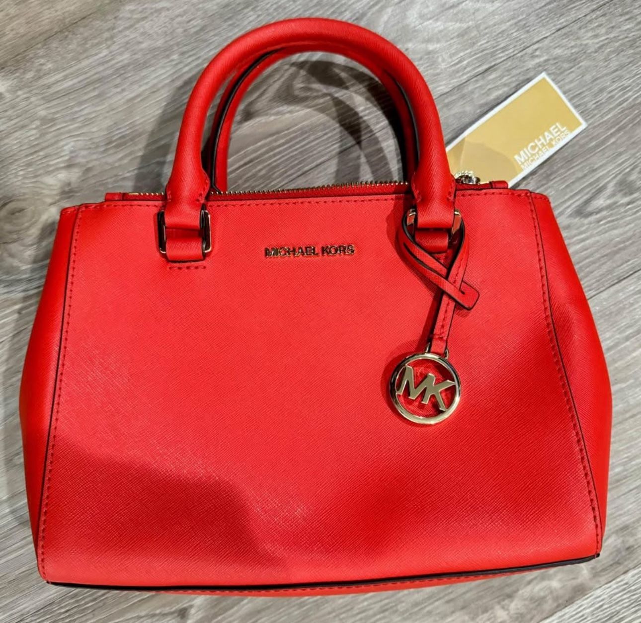 MICHAEL KORS SUTTON RED GLOSSY SAFFIANO LEATHER SATCHEL BAG PURSE - small stain on bottom of bag probably could be cleaned