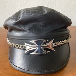 Black Leather Motorcycle Hat Cap Biker Vintage New USA Metal Iron Cross Chain Gang Halloween Costume Men’s Adult OS 
