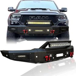 Front Bumper Compatible with 2021 2022 2023 Dodge RAM 1500 TRX w/Winch Plate & 1x144W LED Light & 4x 24W LED Lights & 2x 4.75T D-Rings + Sensor Mounti