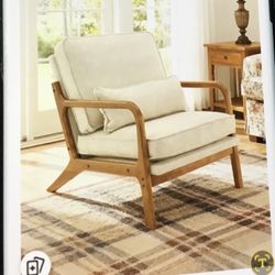 Linen Beige Accent Chair with Wood Frame