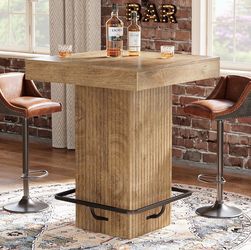 Square Oak Finish Bar Height Pedestal Table with Footrest