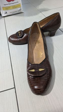 Brown Reptile Embossed Low Heel Pumps