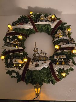 Vintage Light-up Christmas Village Wreath By Thomas Kinkade No. H090 With AC Adapter Missing Battery Back Plate 18"×18"
