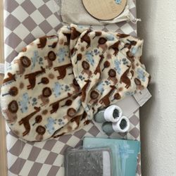 Newborn Swaddle, Car Seat Strap Cover, Shoes/socks, Hello World Sign