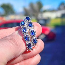 3 Carats Blue and White Sapphire 14kt White Gold Plated Sterling Silver Hoop Earrings