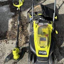 Ryobi Weed Eater And Push Mower Plus 4 18v Batteries And 2 Chargers 