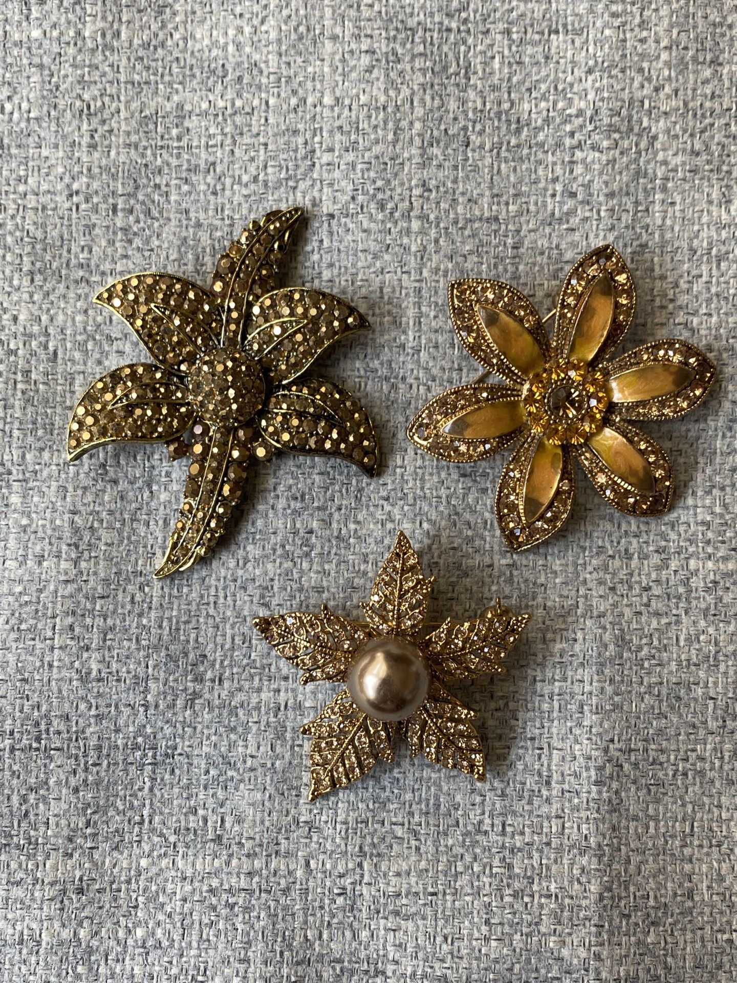 Lot of 3 Yellow Citrine Rhinestone Floral Flower Brooches - 1 Signed Hollycraft