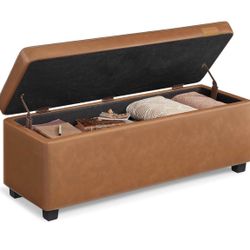   Storage Ottoman Bench, Entryway Bedroom Bench, 25 Gallons, Synthetic Leather with Stitching, Mid-Century Modern, Safety Hinges, Loads 660 