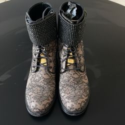 Rene Caovilla Women's Lace Overlay Studded Ankle Wrap Boots