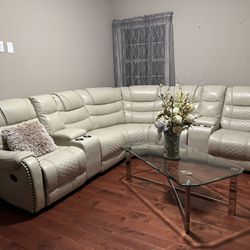 White Leather Sectional Set With Glass Table
