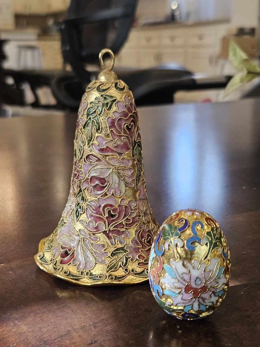 Vintage Chinese Cloisonne Enamel Egg And Christmas Bell