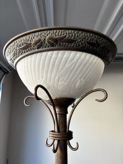 Vintage Bronze Torchiere Floor Lamp – Heavy, Etched Glass Shade