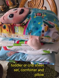 Cocomelon toddler bed sheets, comforter and pillow
