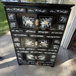 vintage Korean black lacquer low scholars cabinet