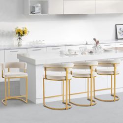 Modern Barrel Bar Stools Set of 4, 25.6" Counter Height Stools, Velvet Counter Stool with Comfy Back and Arms, Sherpa Upholstered Kitchen Island Chair