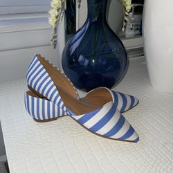 J.Crew Women’s D’orsay  Flats Pointed Toe Blue /White Stripes Fabric Size 7 , New Never Used ,not Box