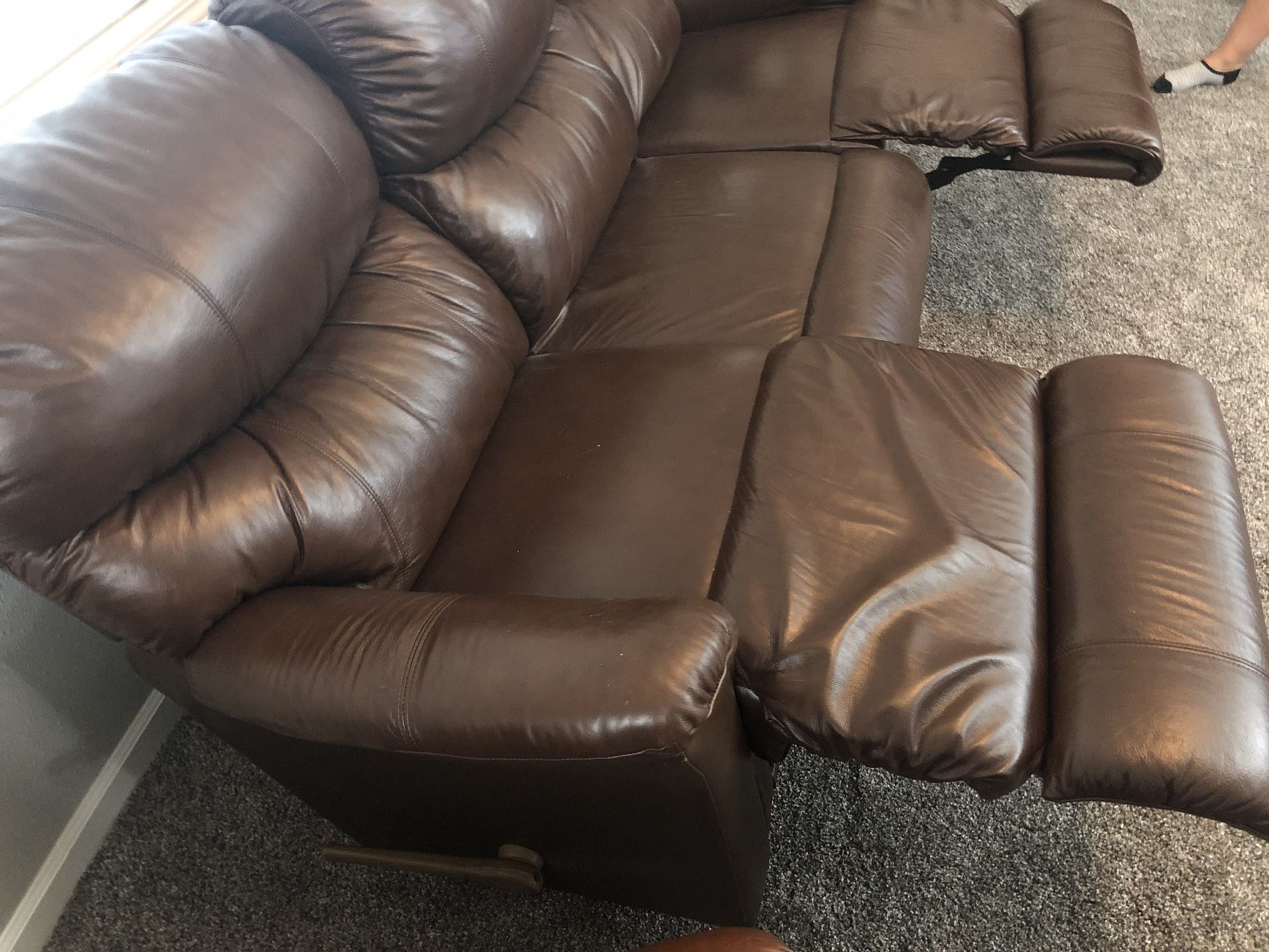 Dark brown Leather Lazy boy sofa with built in recliners