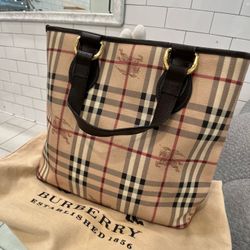 Burberry Haymarket Check Leather Trim Tote