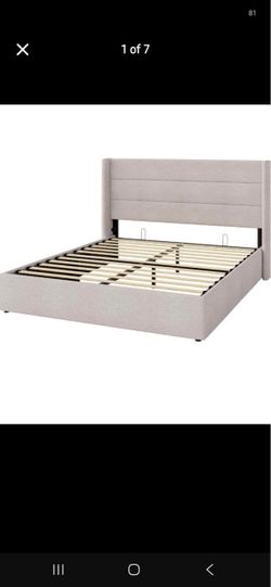 Allewie Queen Size Lift Up Storage Bed Frame, Light Beige
