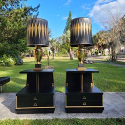 Post Modern Vintage Side Tables And Brass Lamps