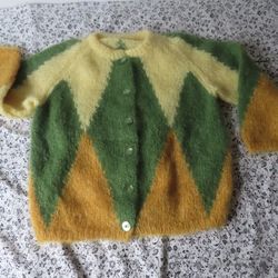 Vtg Womens Mohair Hand Knit Button Cardigan Sweater Sz M YellowTan Green Argyle