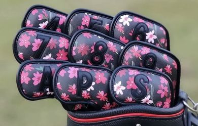 Flower Pattern Leather Iron Headcover 9pcs Set (Black)