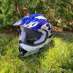Blue Dirt Bike Helmet With Grey Flames