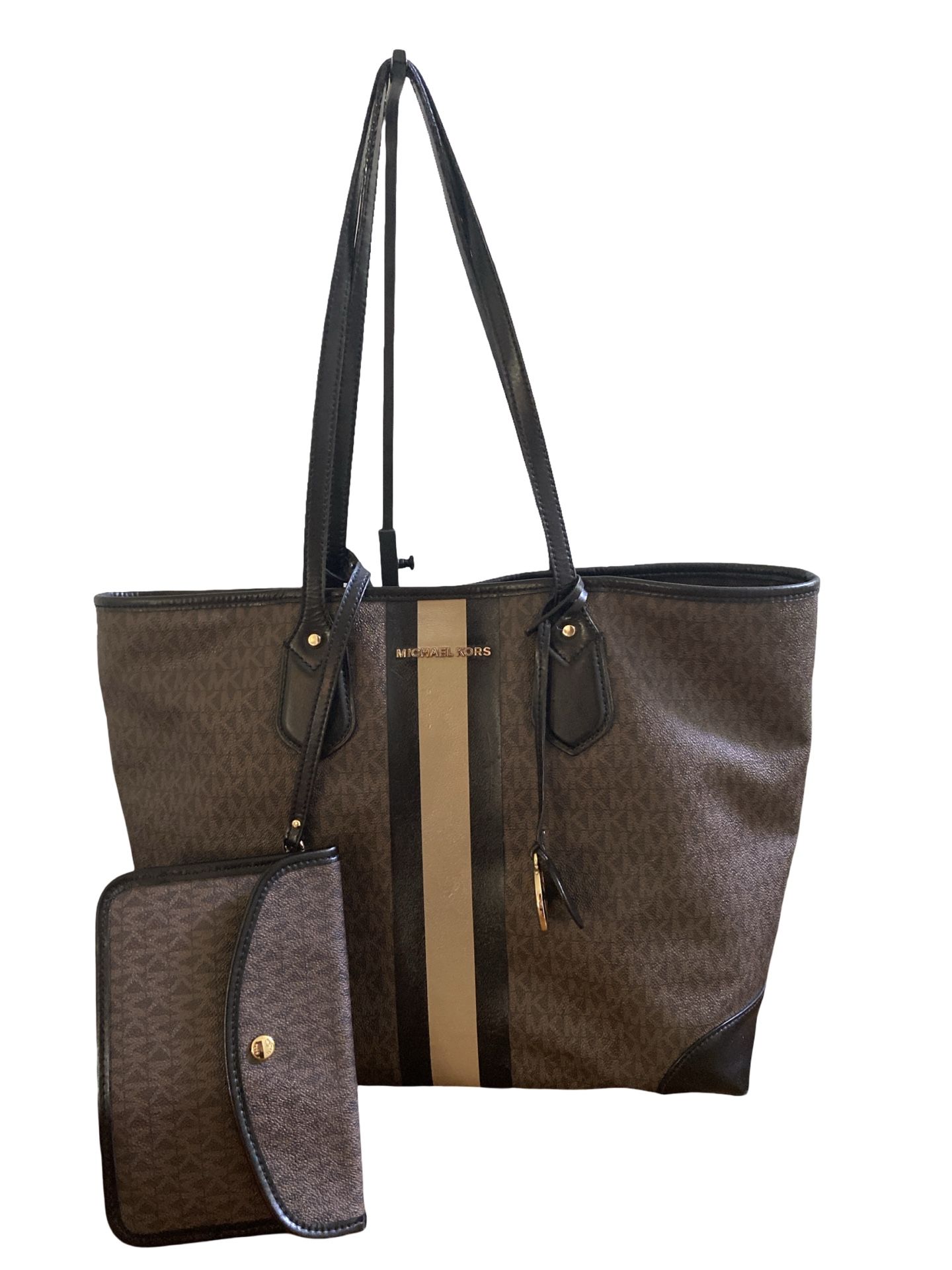 Michael Kors Eva Large Logo Stripe Tote Bag Plus Pouch Black Camel