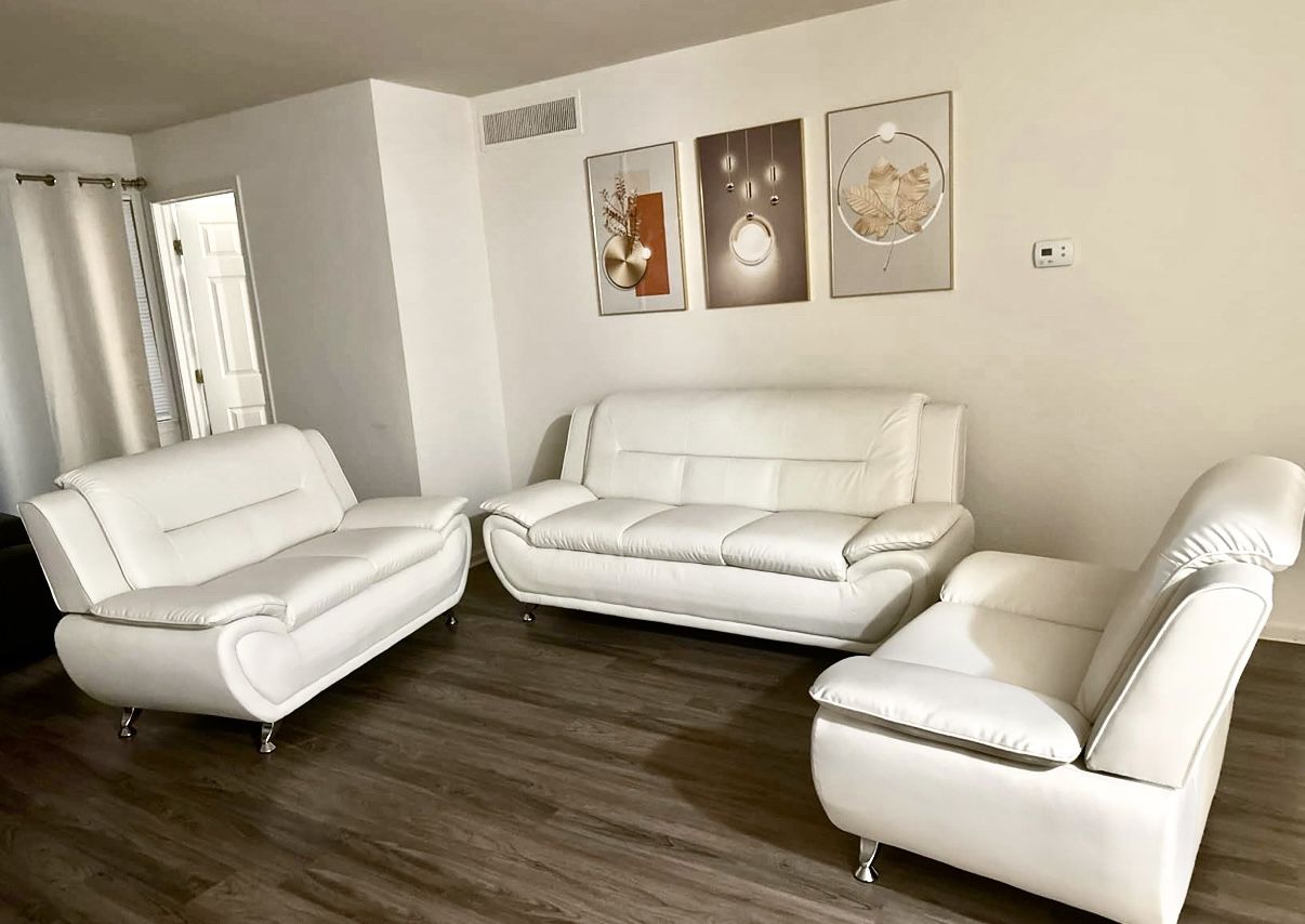 New White Leather Sofa Set 3 Pieces