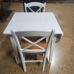 3 Pc White And Natural   Dining Set With Drop Down  (Leaf)