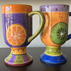 Set of 2 Fruit Pattern Pedestal Latte Mugs Hand Painted by Milson and Louis