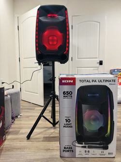 ION Total PA Ultimate – 650W Bluetooth PA Speaker System w/ Wireless Mic, Tripod Stand & LED Lights