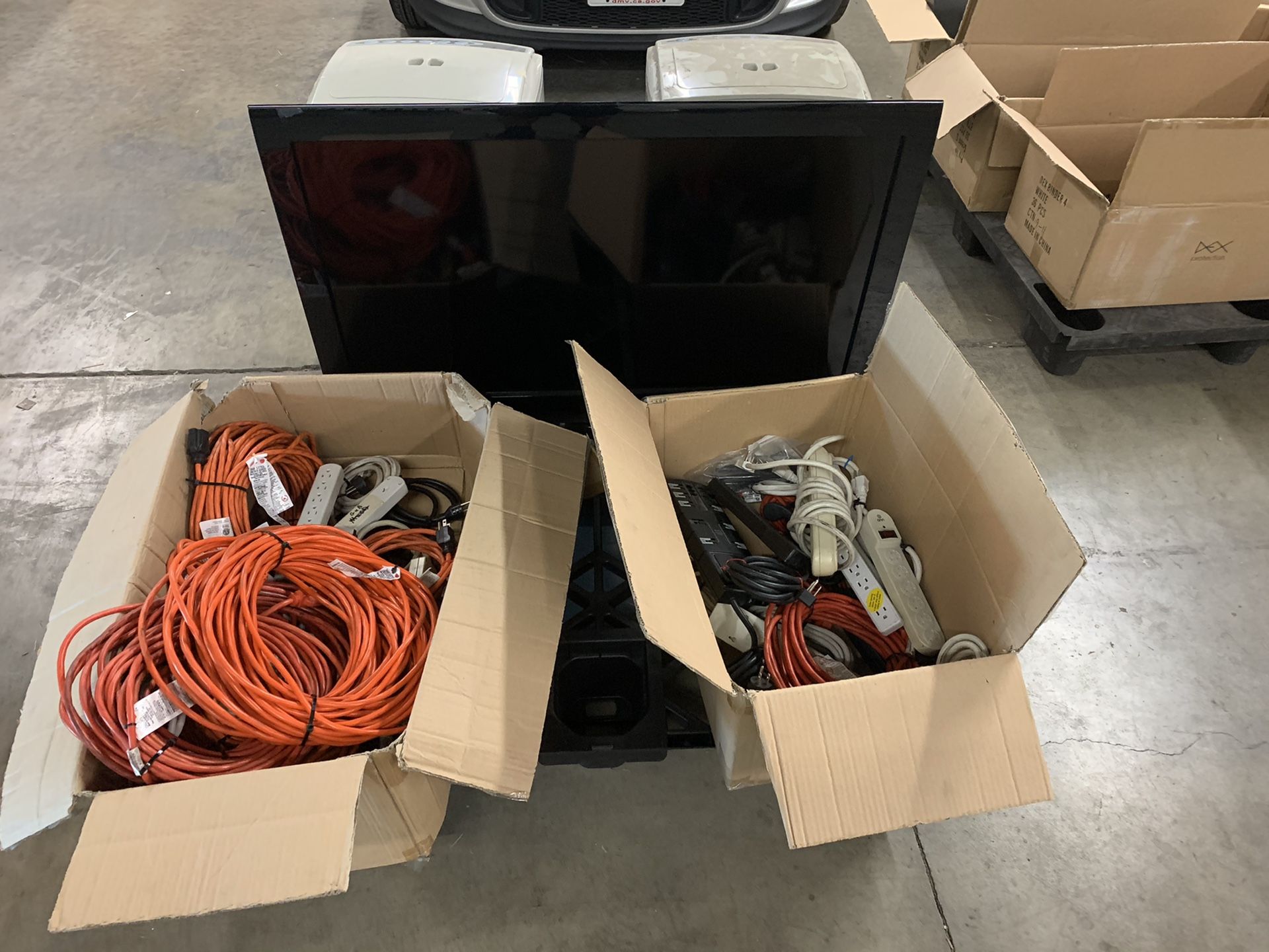 Tv, air cooler, credit card machine, servers, security cameras, power cords, extension cords, networking equipment, printers, keyboard, fan, barcode