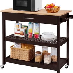 Kitchen Island on Wheels with Bamboo Tabletop, 3-Tier Rolling Kitchen Cart Microwave Oven Cart Serving Trolley with Drawer and Wine Storage Shelf, 20"