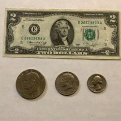 $2 Bill 1976 Eisenhower One Dollar Coin Kennedy Half Dollar 50 Cent Piece Washington Quarter Dated 1776 And 1976 Bicentennial
