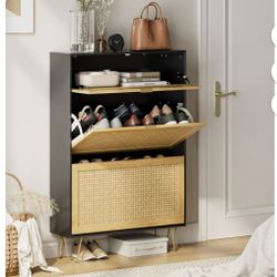 Shoe Cabinet, Shoe Storage Cabinet for Entryway Shoes Organizer Freestanding Organizer with 2 Flip Drawers, 3-tie Narrow Shoe Rack Cabinet, Rattan Oak