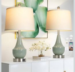 Modern Green Table Lamp Set of 2, 24" Ceramic Table Lamp with USB A+C Ports, Sage Green