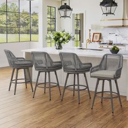 26''H Swivel Aluminum Rattan Bar Stool, Gray (Set of 4)